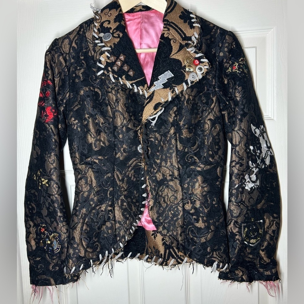 Vintage Inspired Dolly Rockers Jacket Size Small Black Gold Lace Bikercore